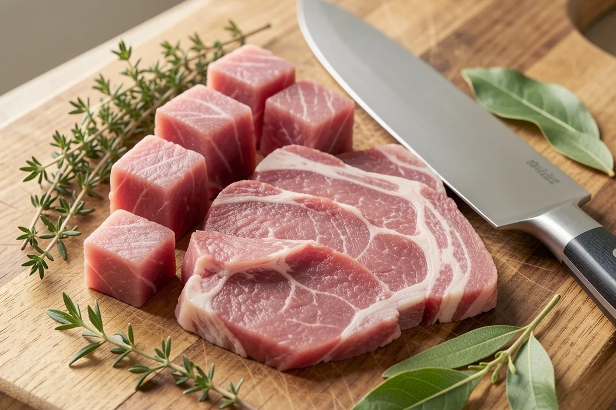 Morceaux de veau crus, épaule et tendron, sur une planche en bois avec thym et laurier