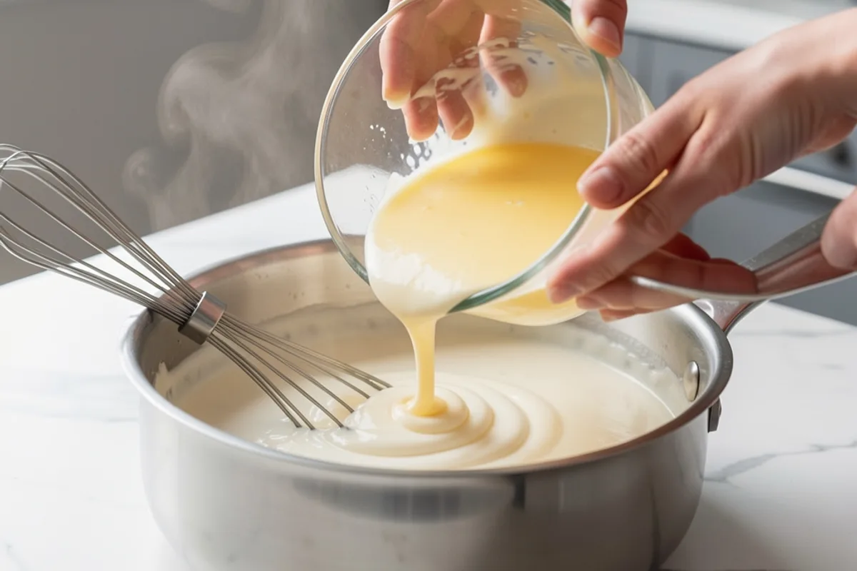 Mains versant un mélange de crème et de jaune d&rsquo;œuf dans une casserole de sauce blanche