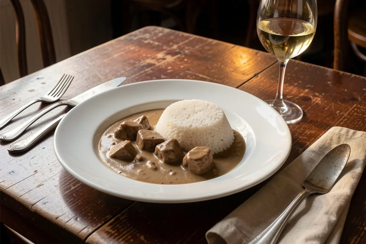 Assiette creuse de blanquette servie avec du riz sur une table de bistrot en bois foncé