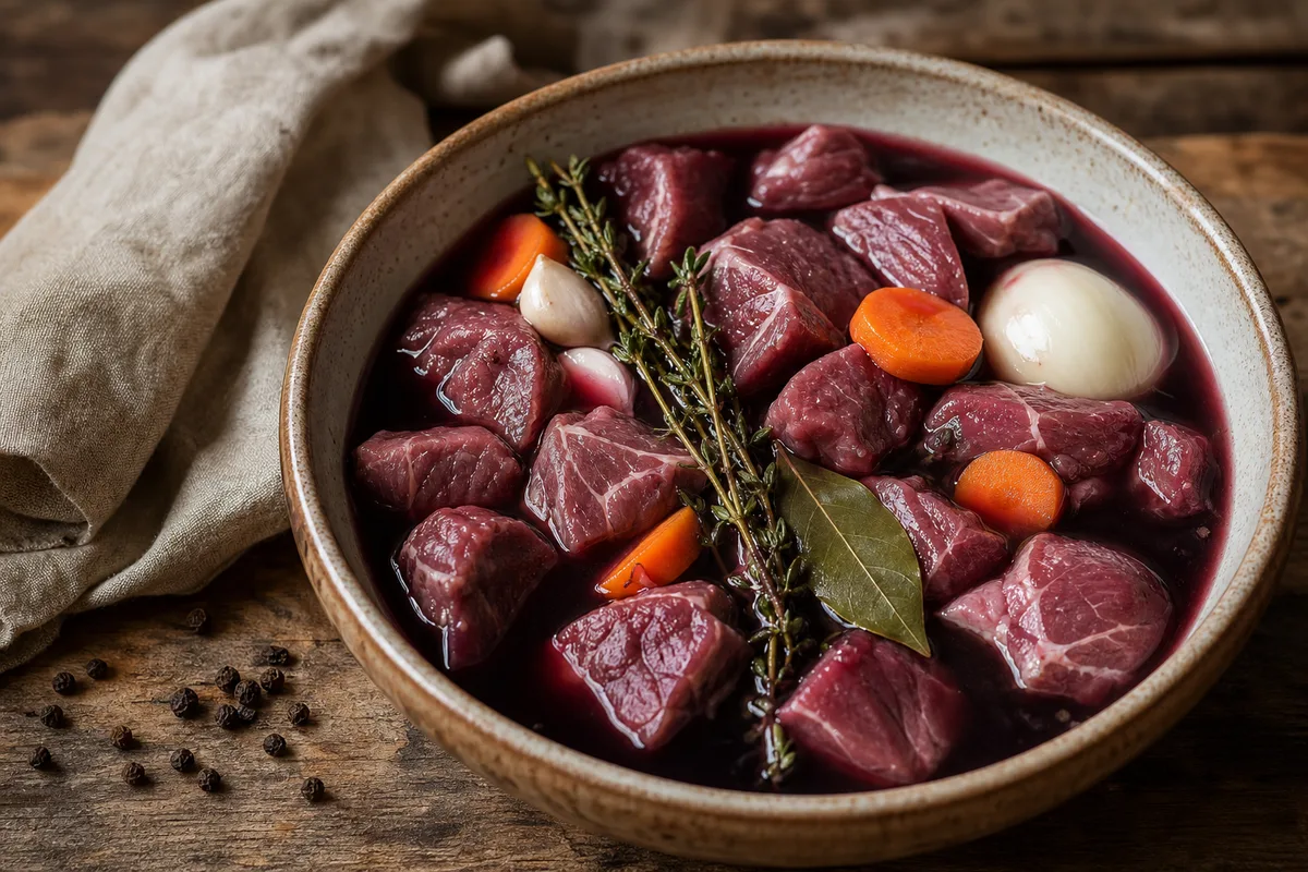 Morceaux de bœuf crus marinant dans un saladier avec vin rouge et légumes
