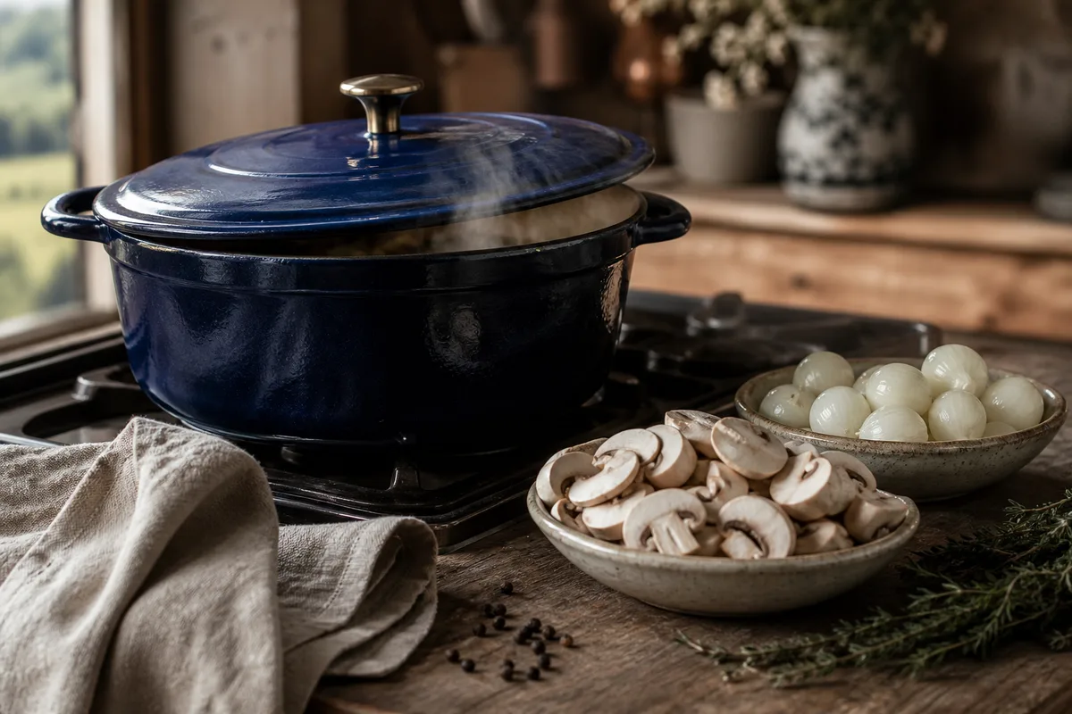 Champignons et oignons grelots prêts à rejoindre la cocotte en fonte