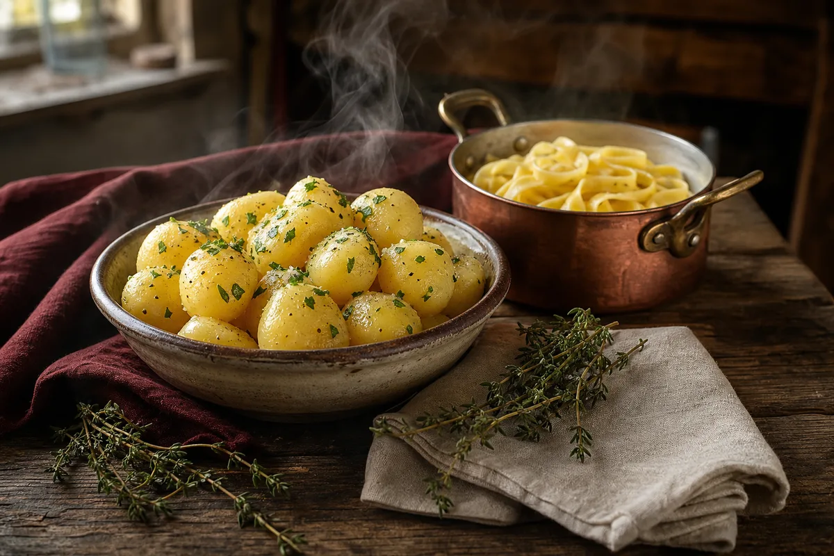 Pommes vapeur et tagliatelles fraîches en accompagnement du bœuf bourguignon