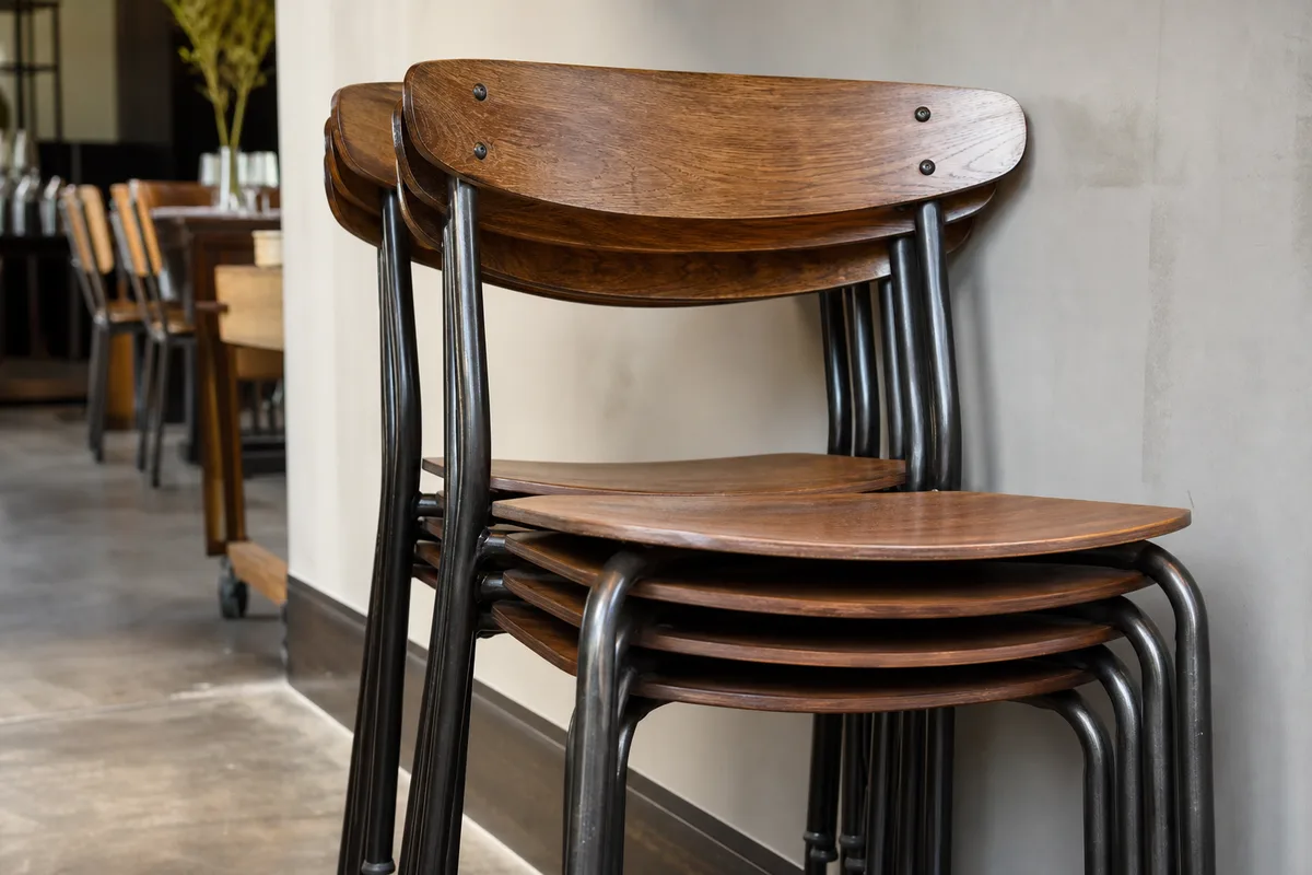 Chaises de restaurant en bois et métal empilées dans une salle