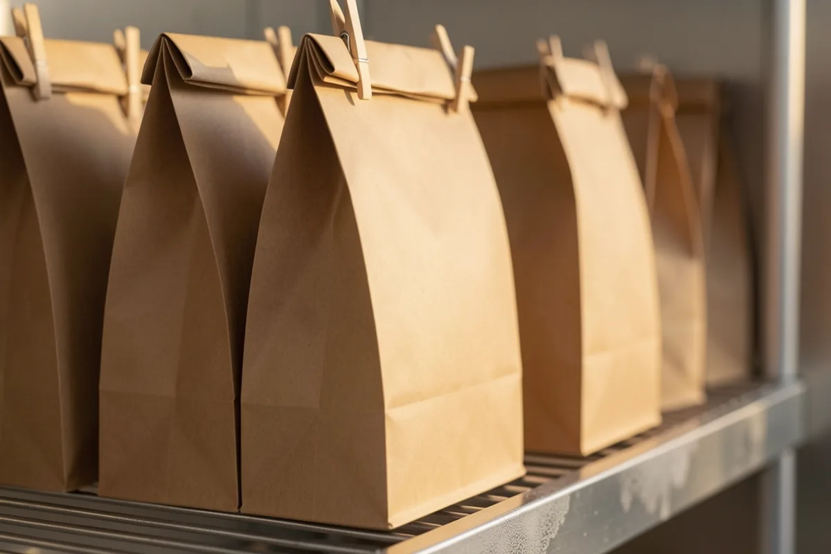 Sacs en papier kraft fermés alignés sur une étagère chauffante en inox
