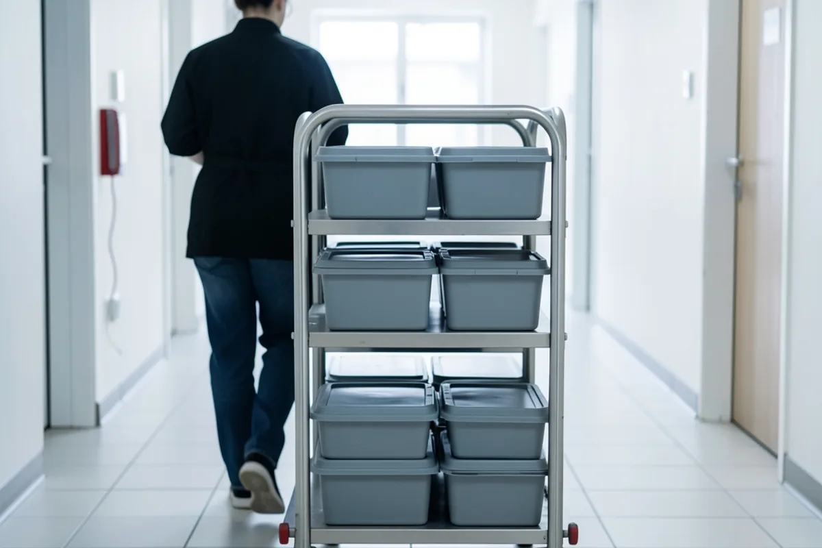 Chariot de préparation en inox à trois niveaux chargé de bacs alimentaires