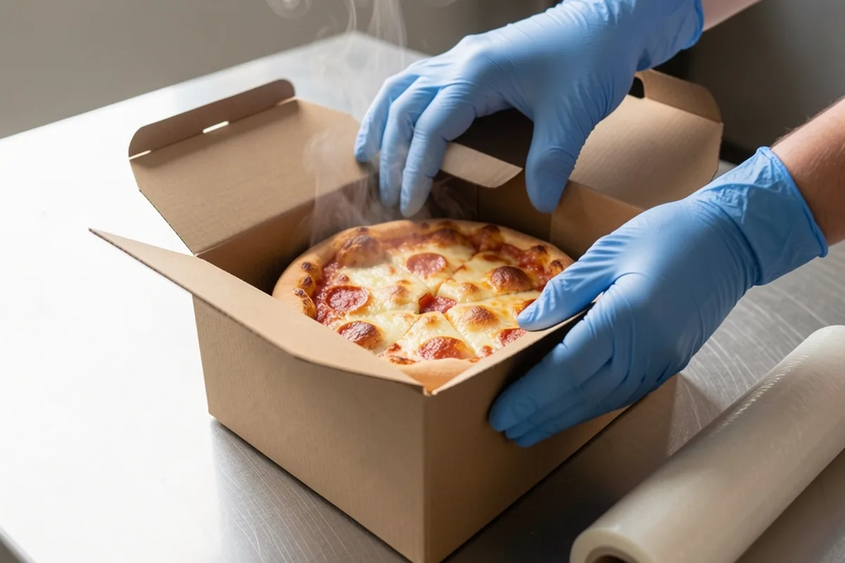 Mains gantées refermant une boîte en carton kraft sur un plat chaud