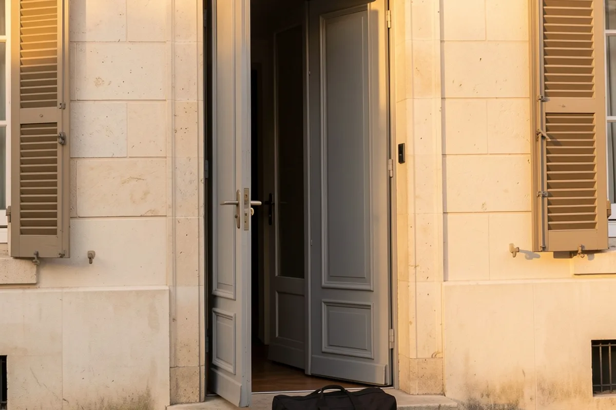Porte de service entrouverte sur une cour parisienne avec un sac isotherme au sol
