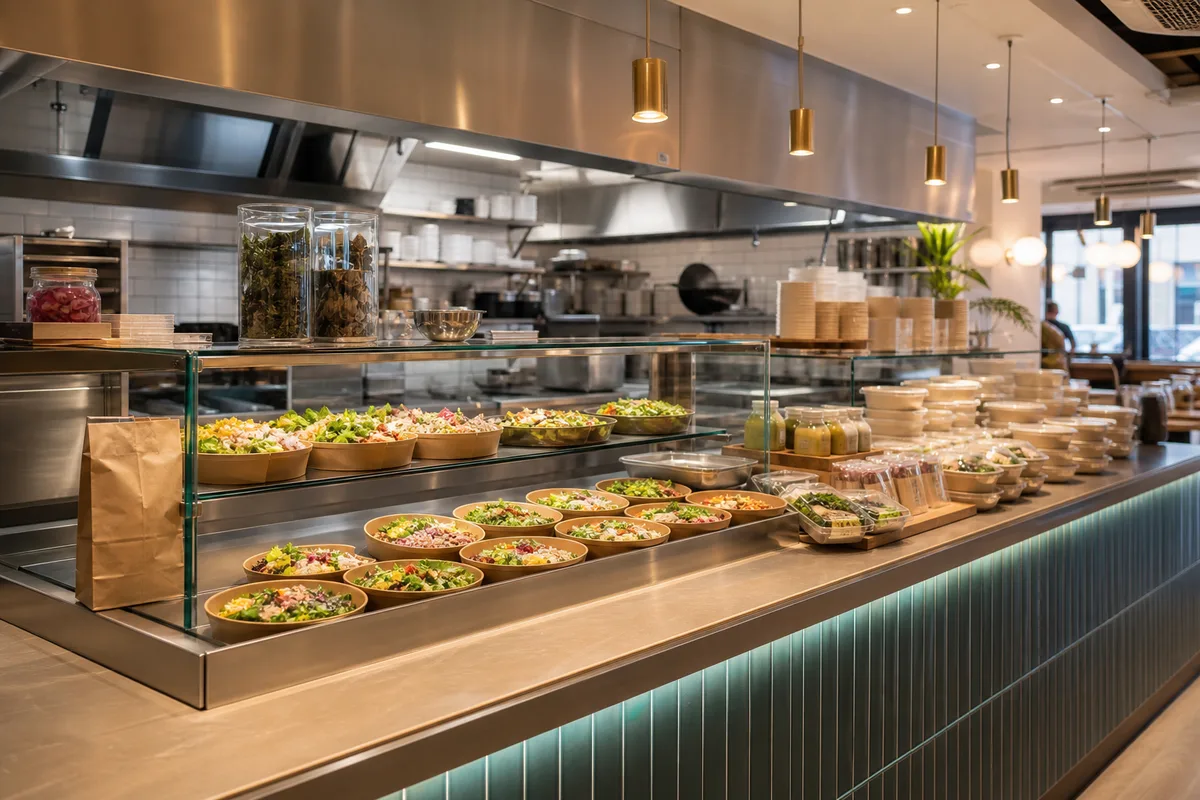 Comptoir de restaurant franchisé avec cuisine ouverte