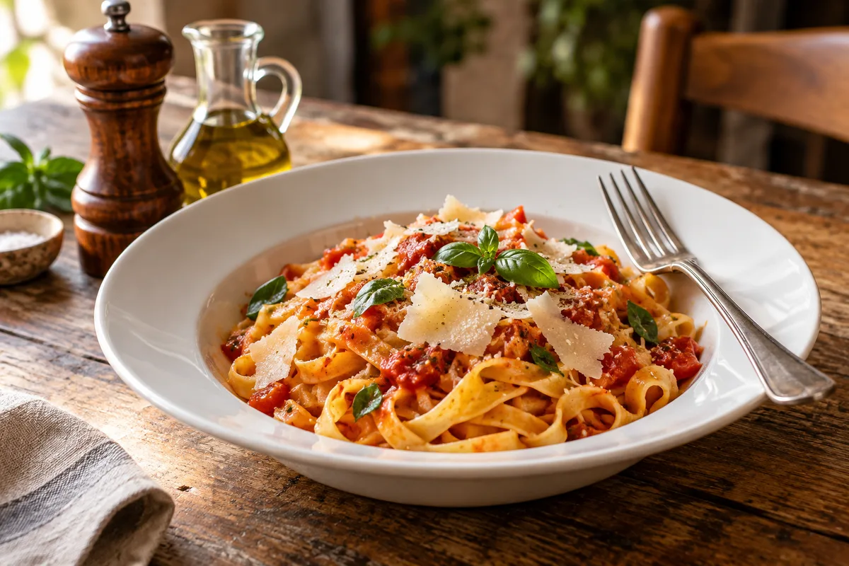 Assiette de pâtes fraîches servie sur une table de trattoria parisienne