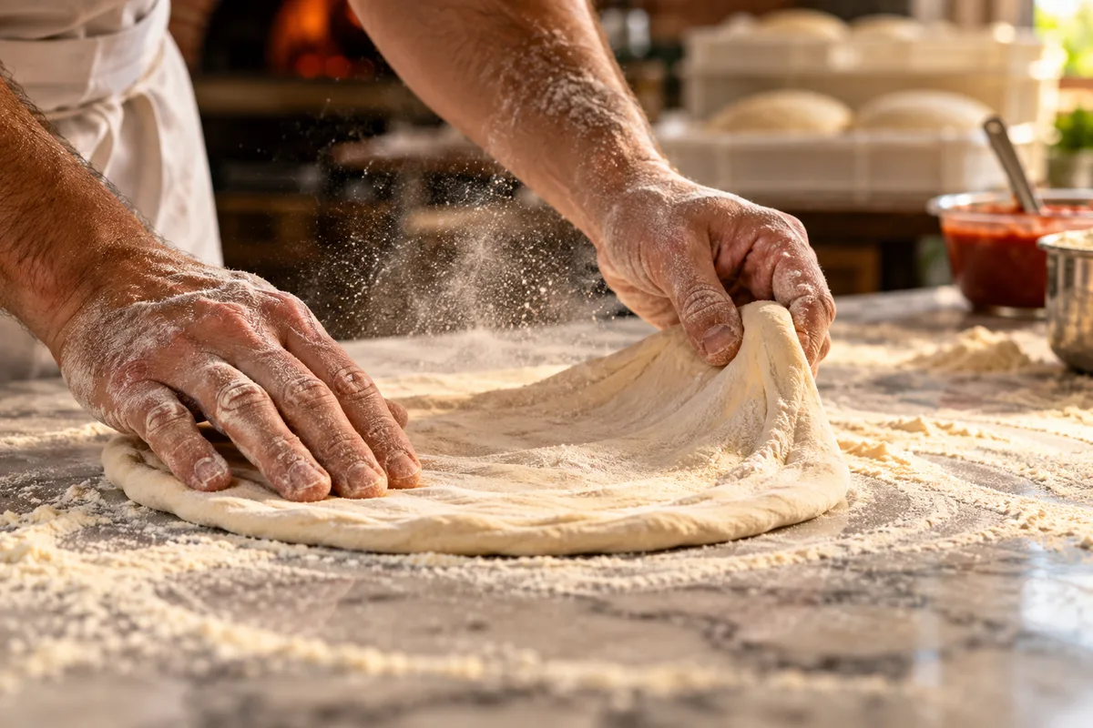 Pâte à pizza travaillée à la main sur un plan de travail fariné
