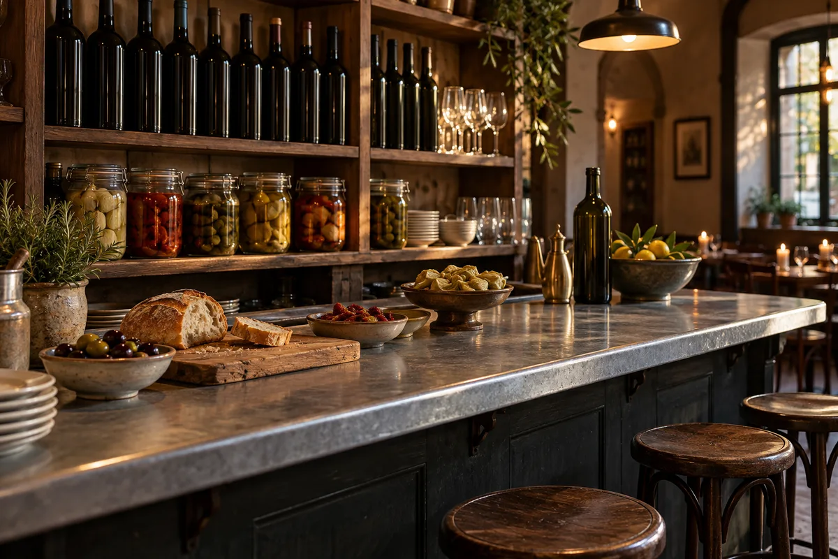 Comptoir d’une osteria parisienne avec bocaux de conserves et bouteilles de vin